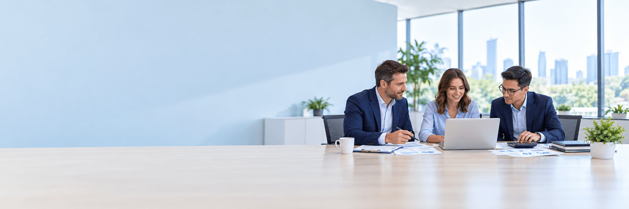 Accounting professionals working together on reports at an office desk