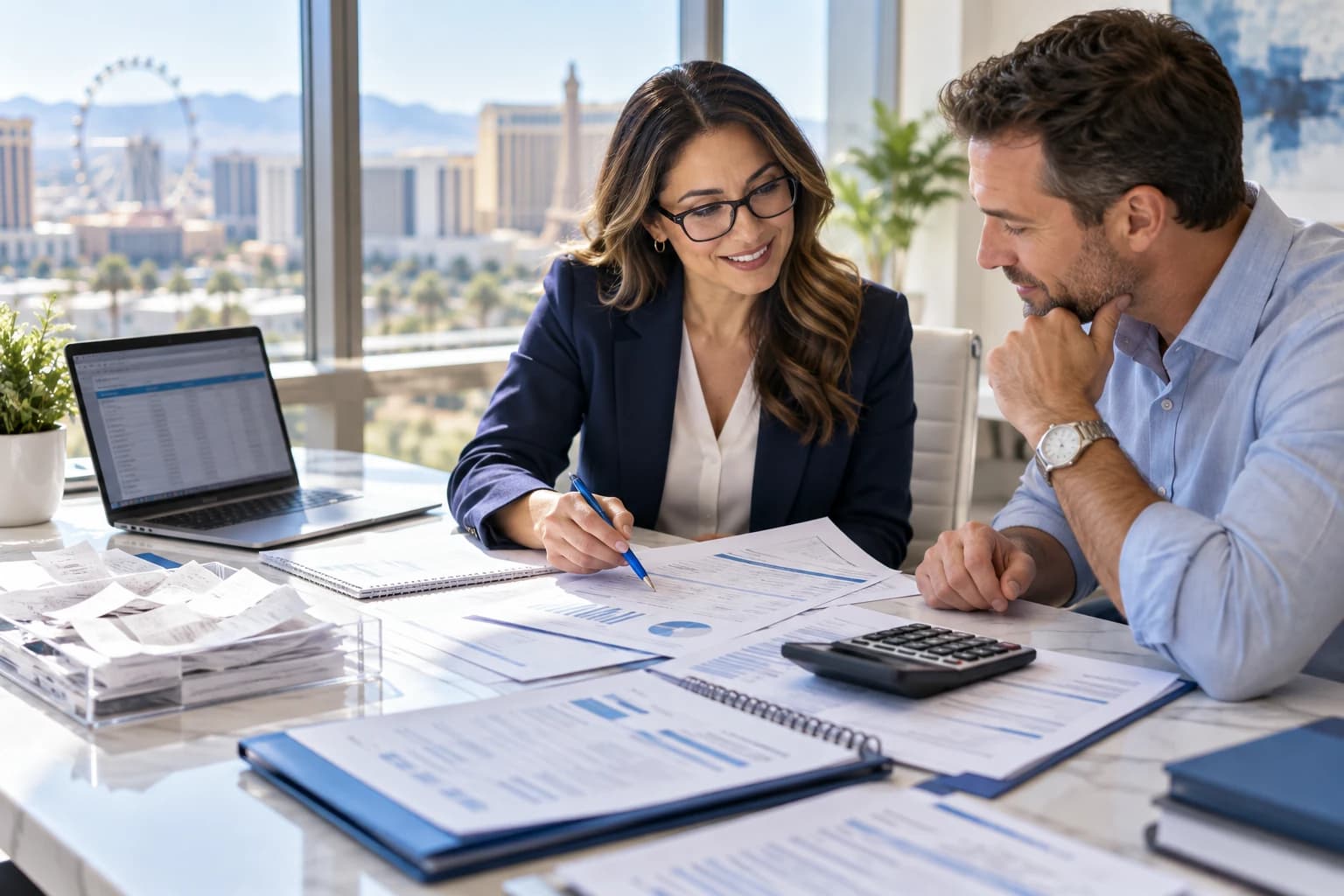 Bookkeeper reviewing business financial records