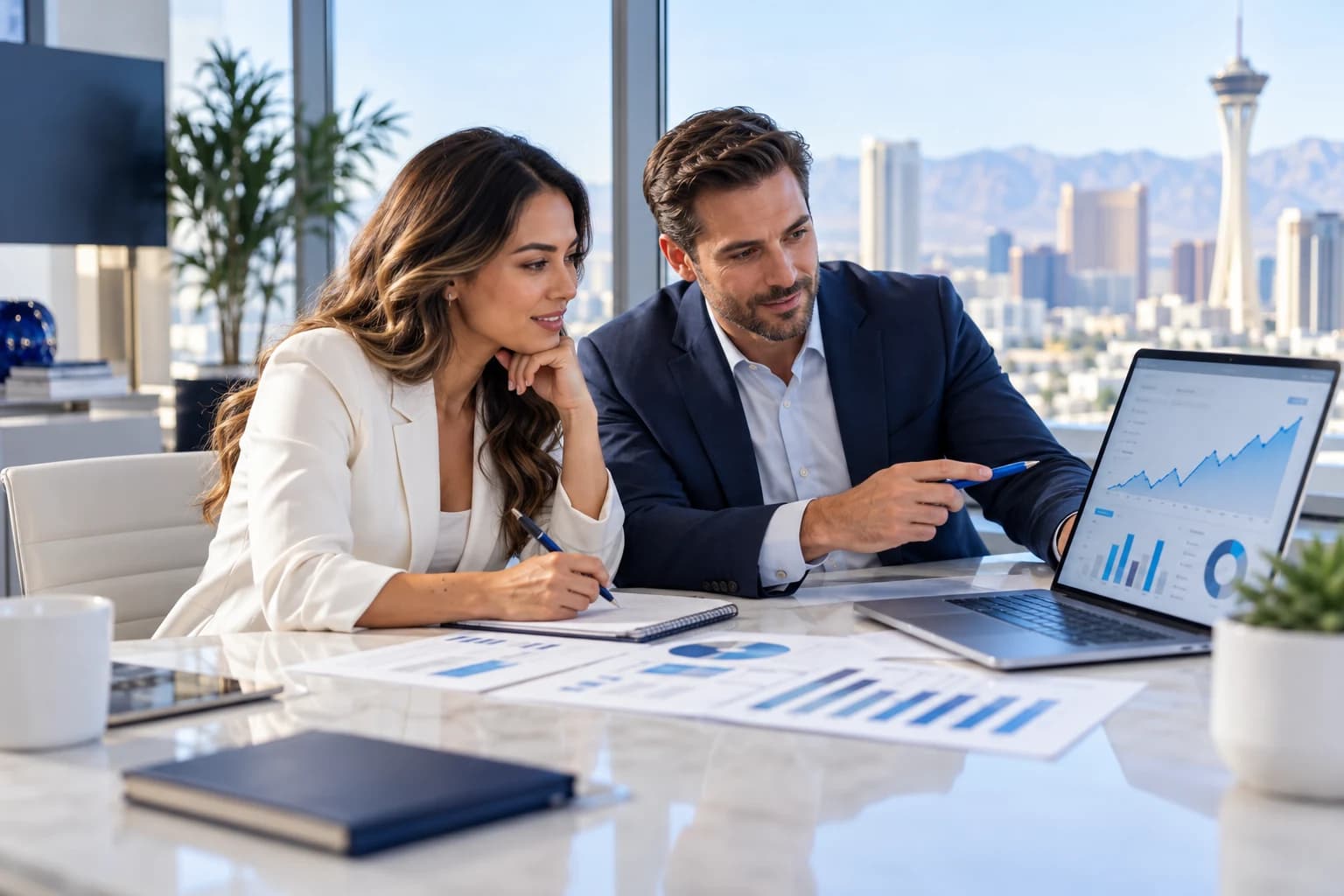 Business owner reviewing financial reports with an advisor