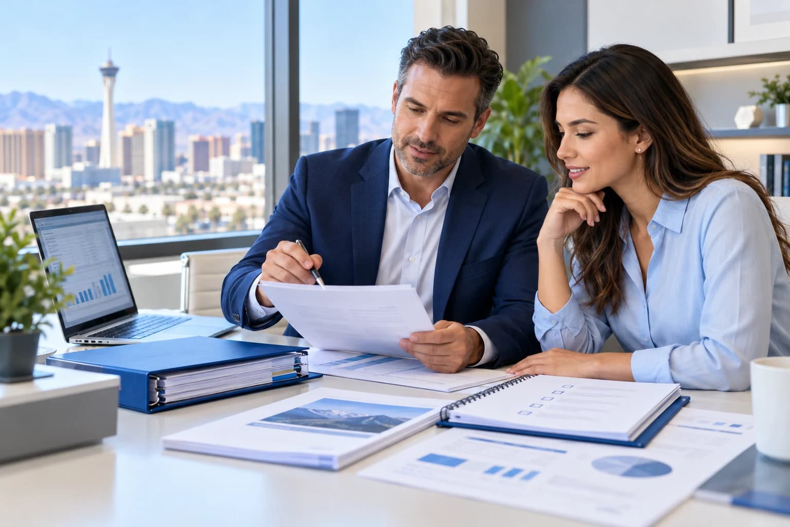 Advisor and business owner reviewing financial guides and templates