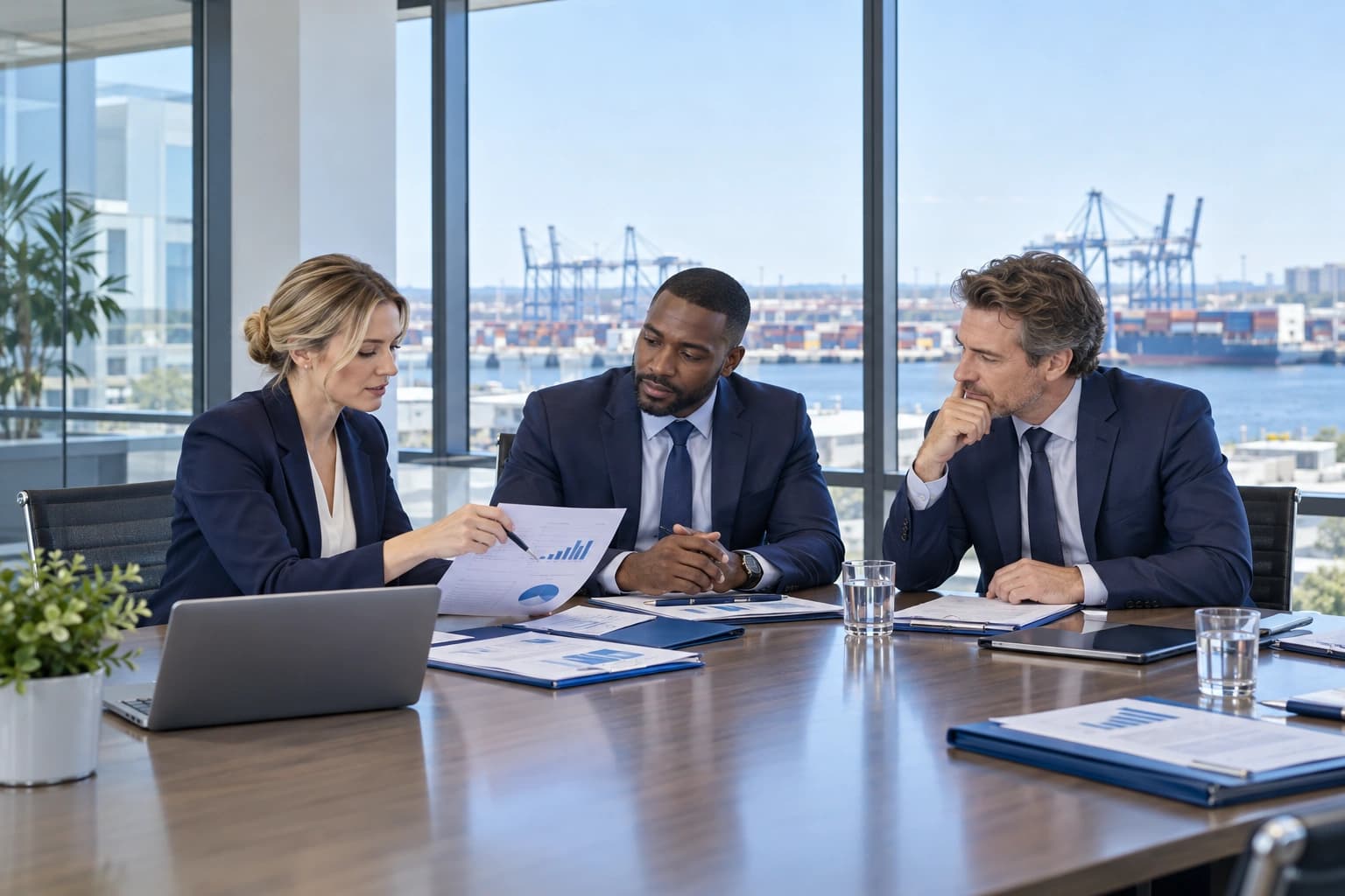 International business owner and advisor reviewing company finances