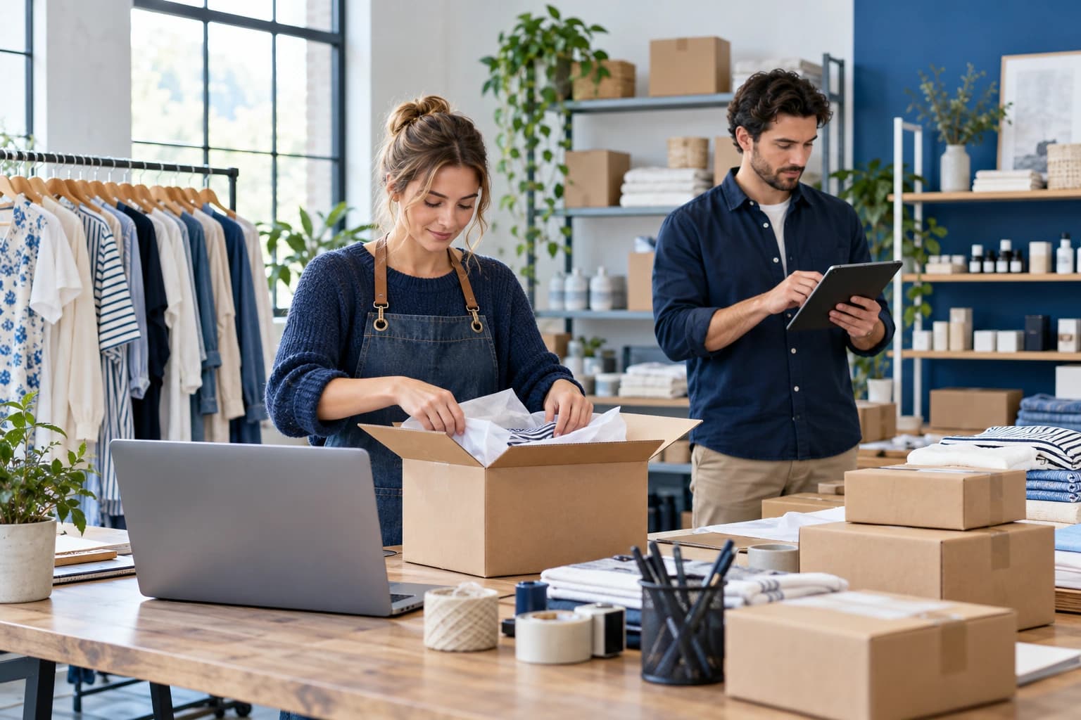 Online retailer checking packaged orders and sales records