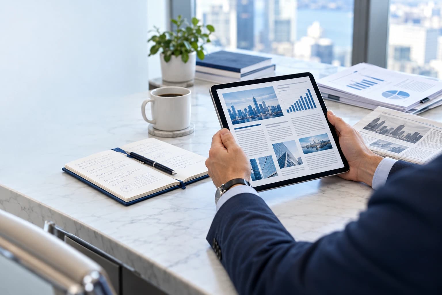 Reading business news and financial insights on a tablet with research notes nearby