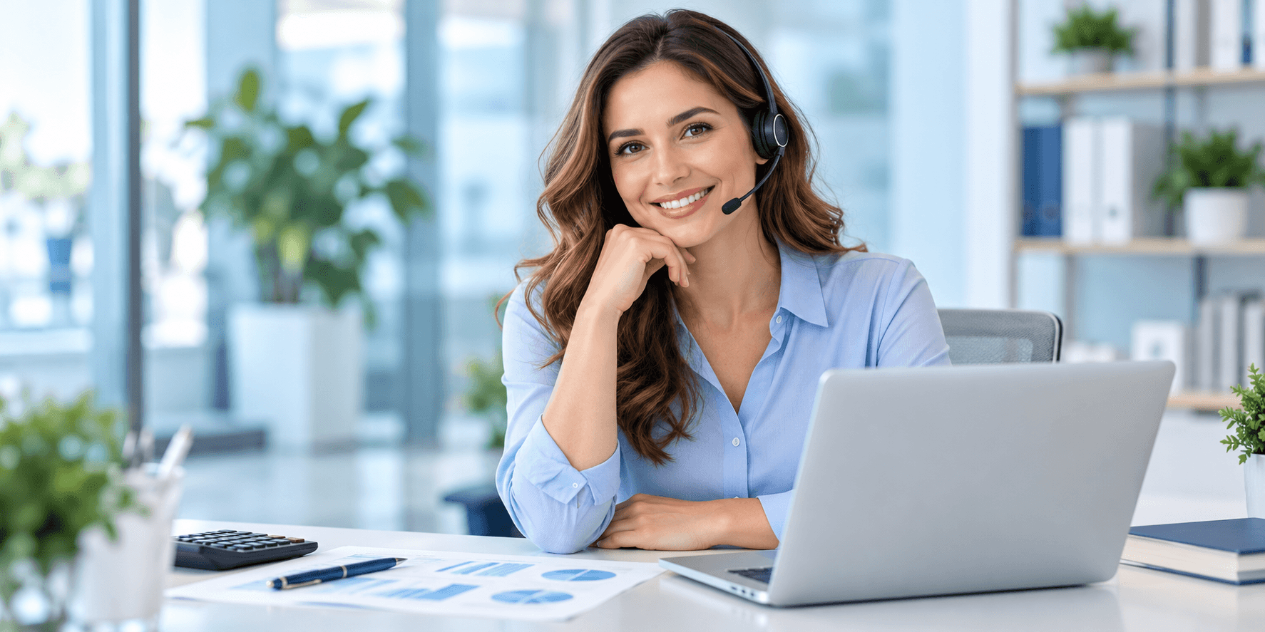 Accounting client advisor wearing a headset beside a laptop and financial reports
