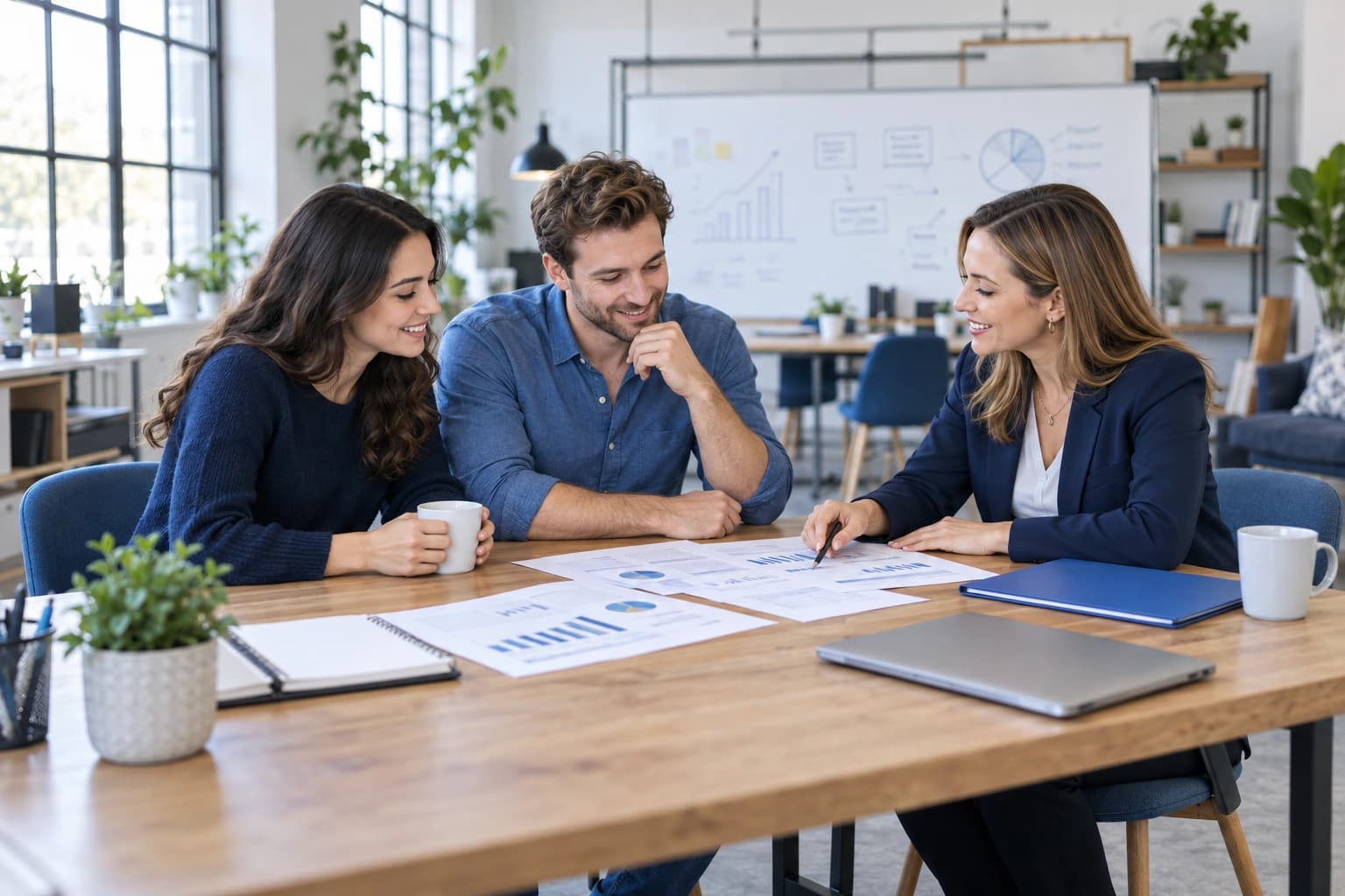 Startup founders reviewing bookkeeping and growth plans with an advisor