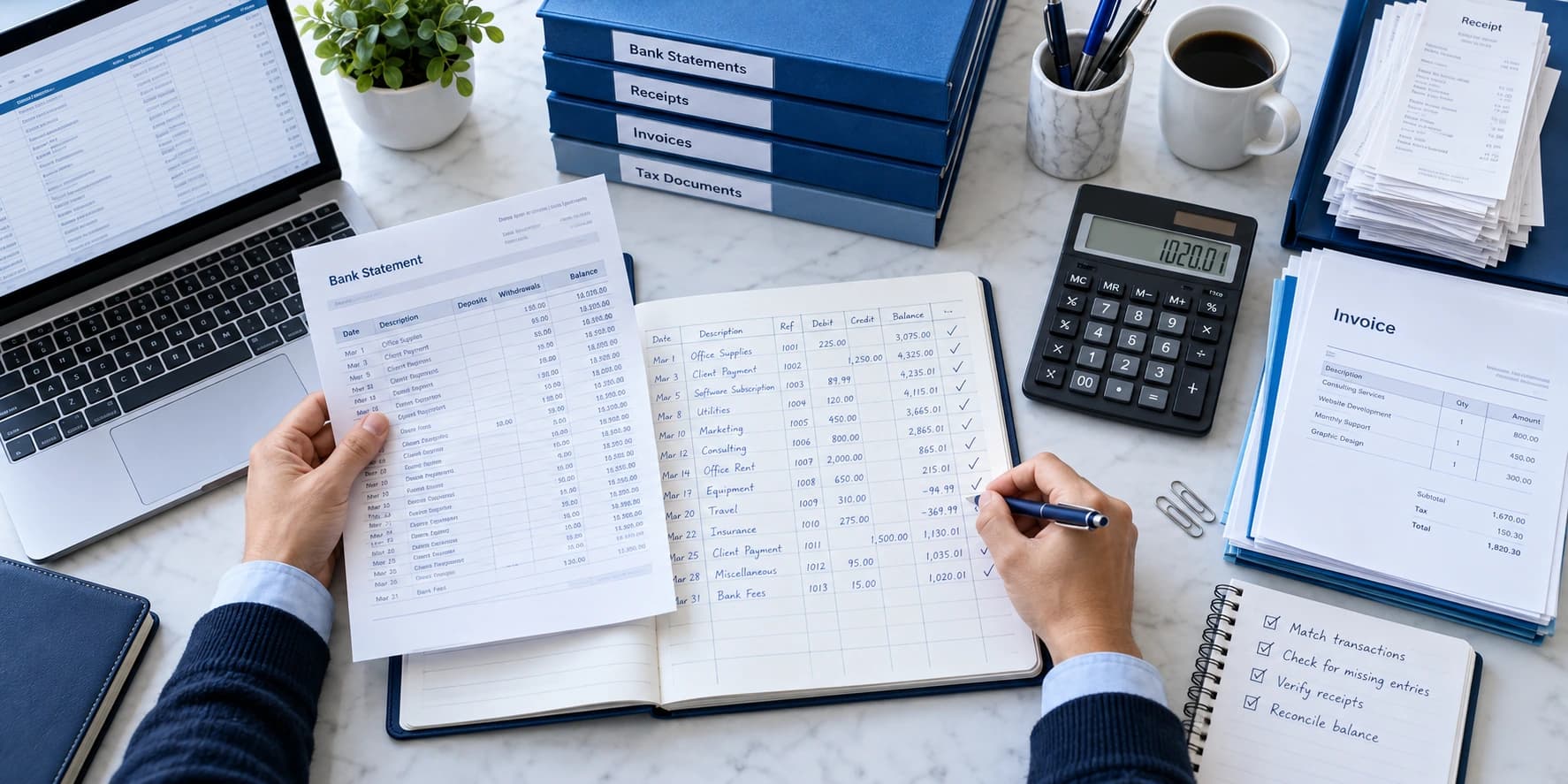 Bookkeeper matching bank statements to a ledger, receipts and invoices
