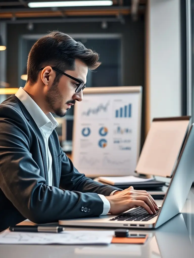 A professional accountant working on a laptop, reviewing e-commerce sales data, with charts and graphs displayed on the screen, in a modern office setting, emphasizing streamlined bookkeeping for e-commerce businesses.