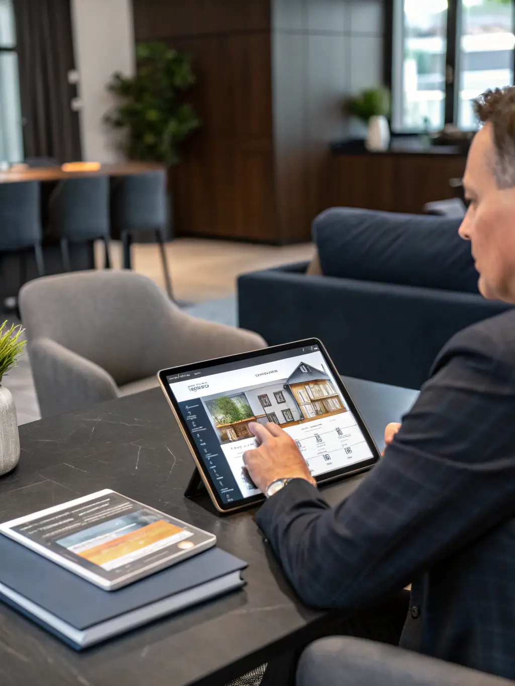 A real estate agent reviewing property investment portfolios on a digital dashboard, with architectural blueprints and property images displayed, emphasizing financial planning for real estate.