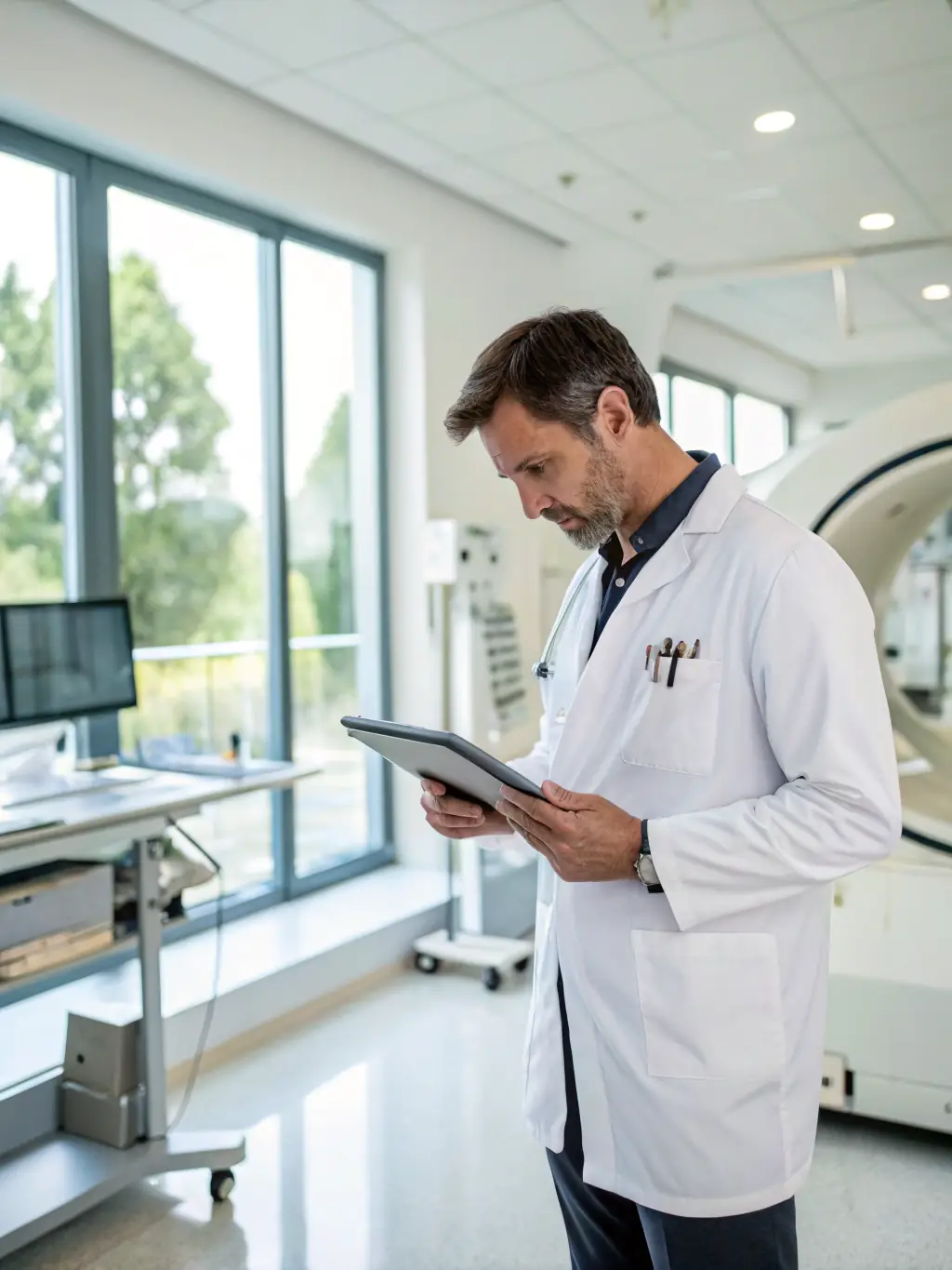 A healthcare professional reviewing financial reports on a tablet, with medical equipment and a hospital environment in the background, highlighting tax compliance for the healthcare industry.