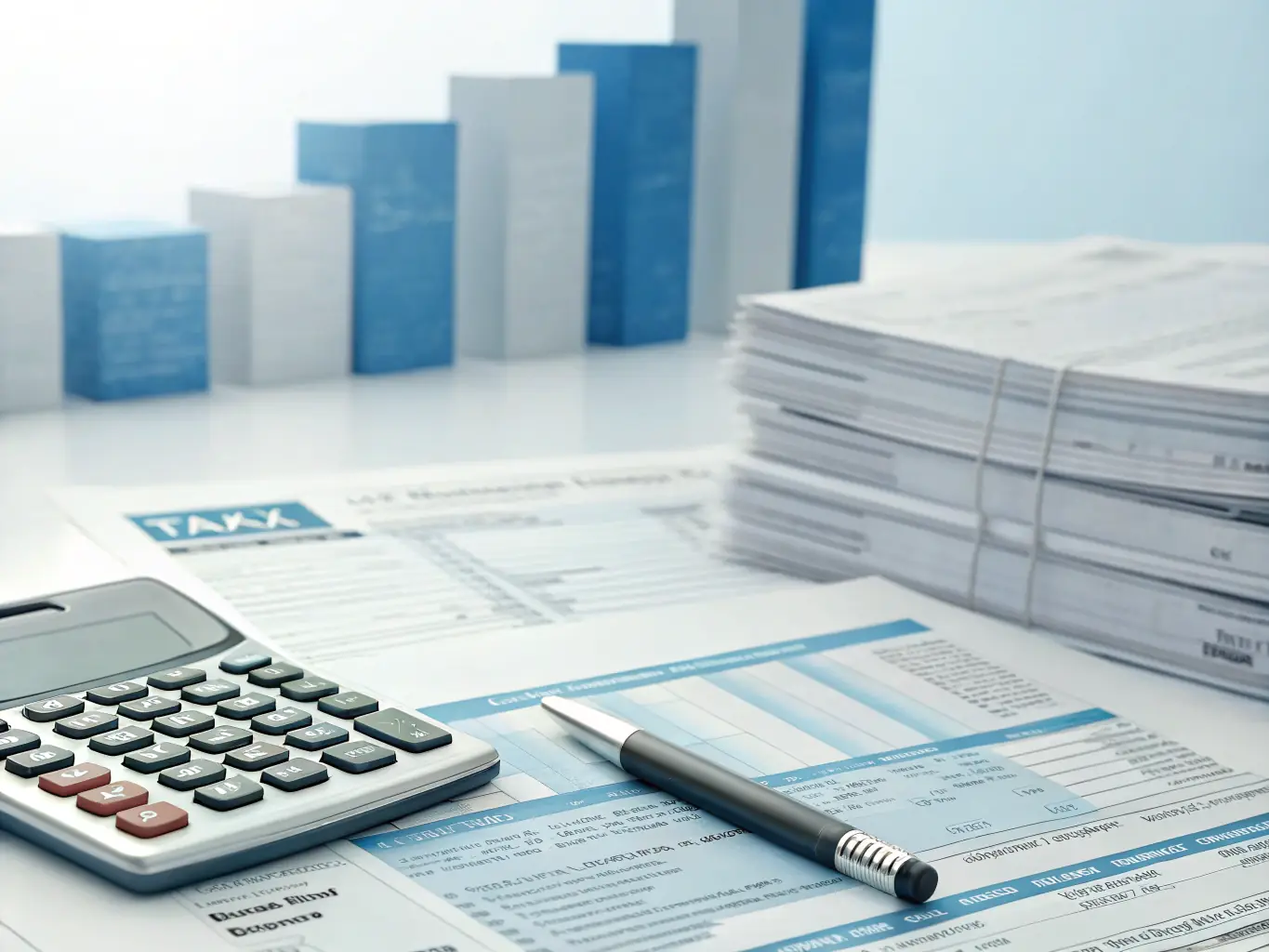 An image of a calculator and tax forms, representing Netfintax's tax planning and preparation services.