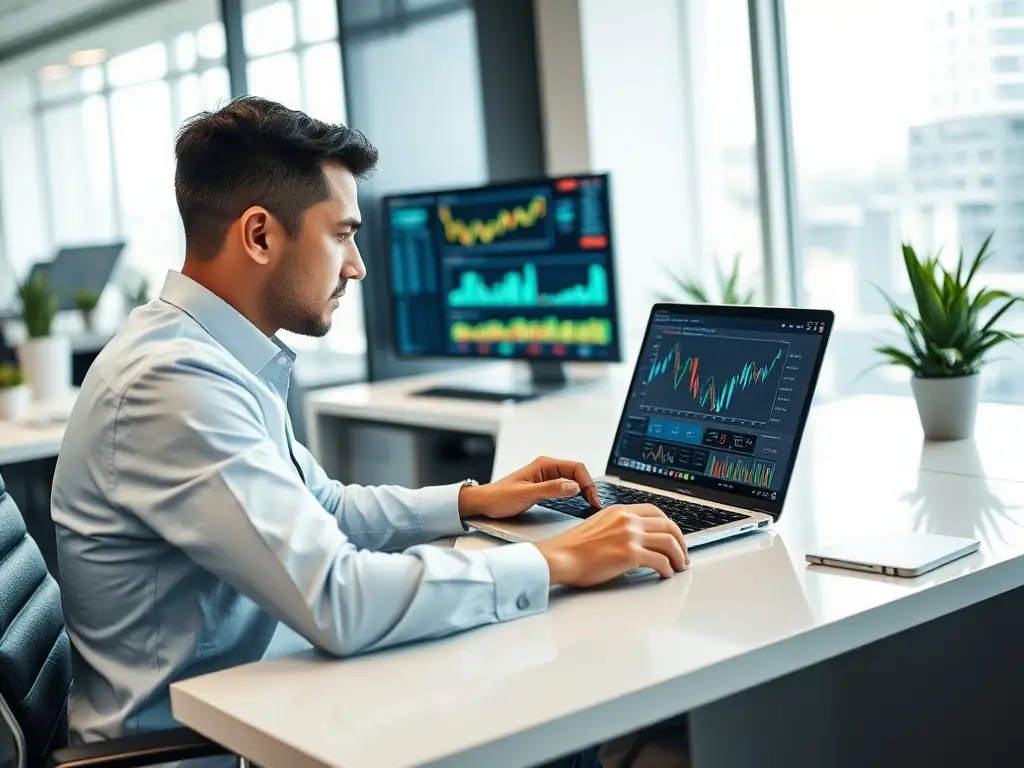 A professional accountant reviewing financial statements on a computer screen, with charts and graphs visible, symbolizing Netfintax's bookkeeping services.