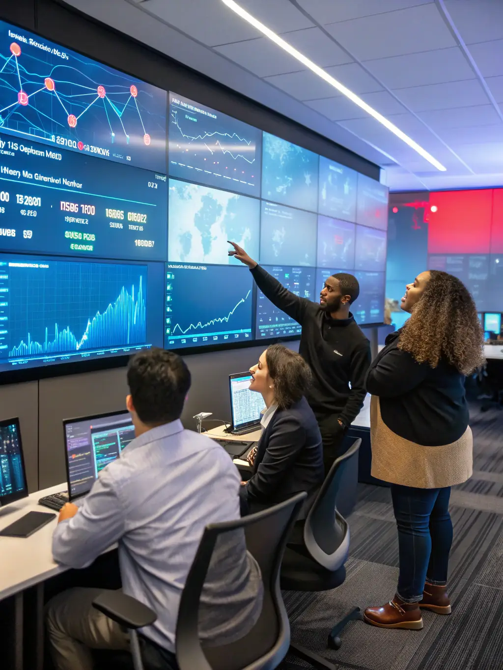 A tech startup team collaborating on financial projections using cloud-based software, with a modern office space and innovative technology in the background, highlighting financial solutions for tech startups.