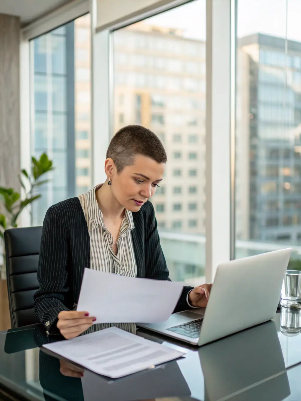 A professional photograph of a small business owner smiling confidently while reviewing financial reports in a modern office setting, symbolizing improved financial processes.