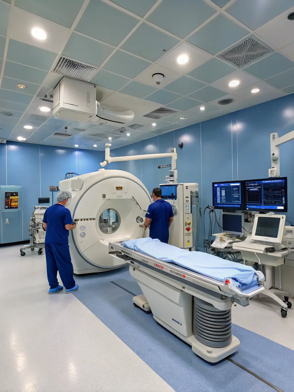 A clean, modern healthcare facility interior, featuring advanced medical equipment and a diverse team of healthcare professionals, emphasizing patient care and regulatory compliance.