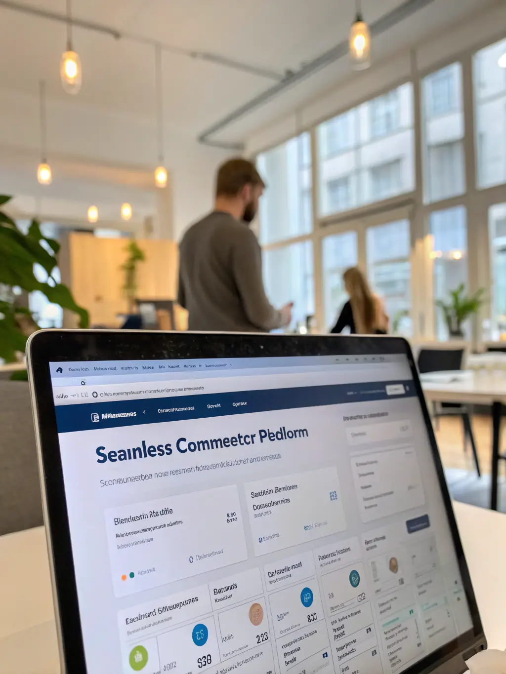 A vibrant, bustling online marketplace interface, showcasing various product categories and customer interactions, emphasizing secure transactions and data analytics.